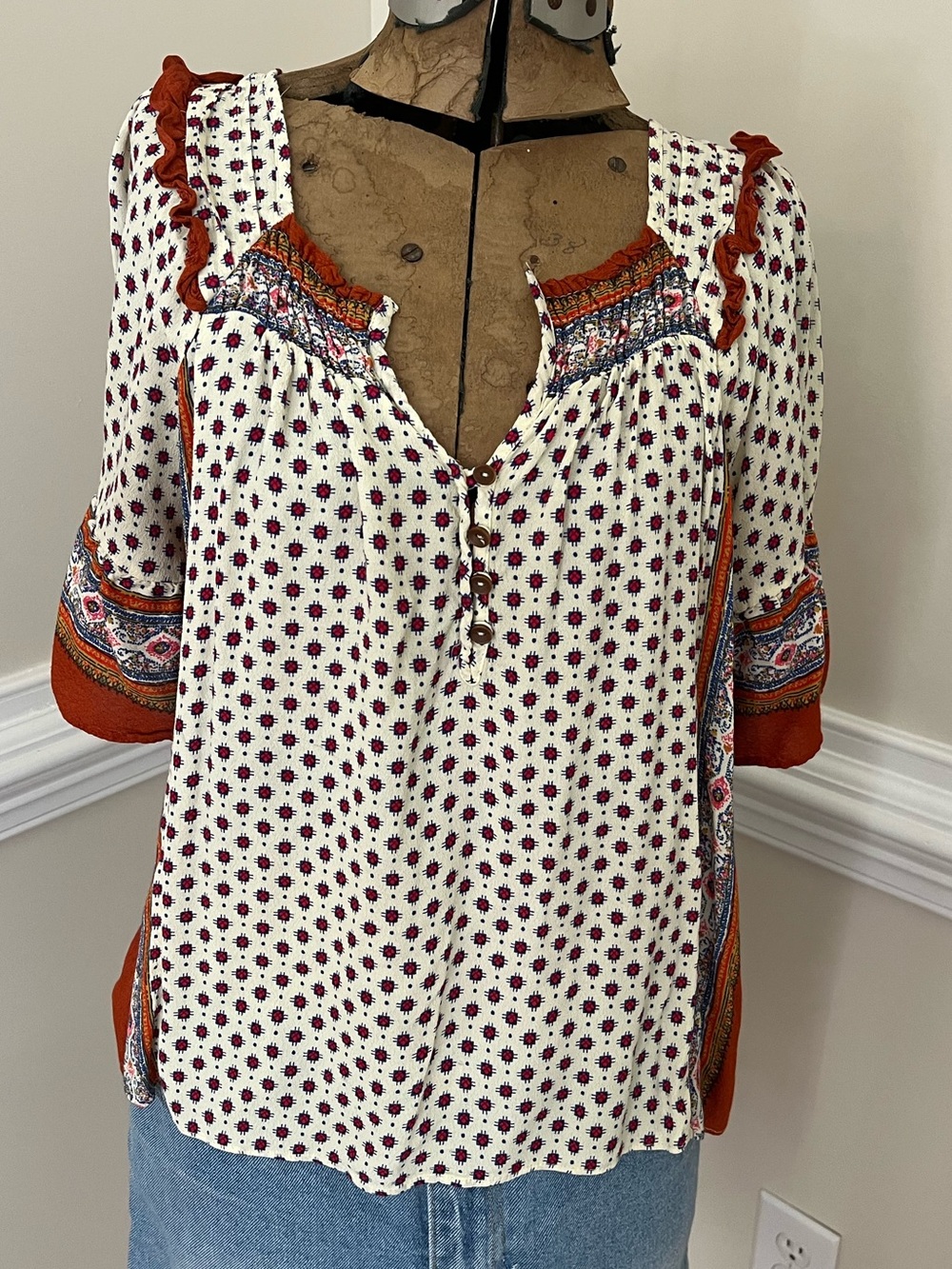 Maeve by Anthropologie Boho Peasant Blouse in Cream with Rust Accents